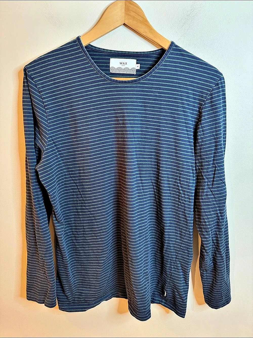 WAX London Striped Long Sleeve Cotton Tee in Blue & Green Size Medium